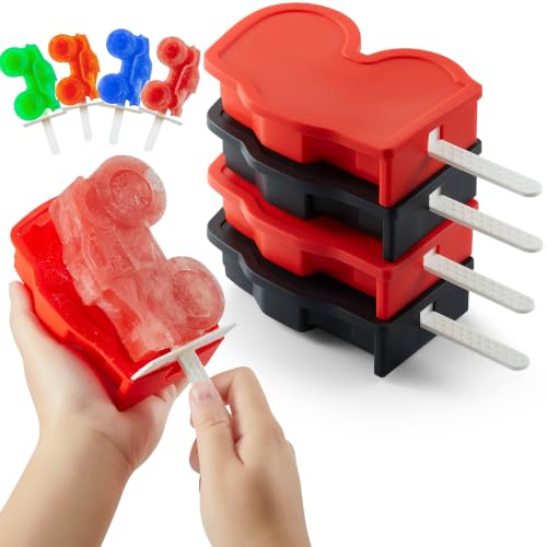 ACOOKEE Monster Truck Popsicle Molds Set of 4 (Ice Pop Mold+Sticks+Lids+Drip Guards) for Homemade Freezer Ice Pops & Frozen Snacks, Stocking Stuffers for Boys & Girls