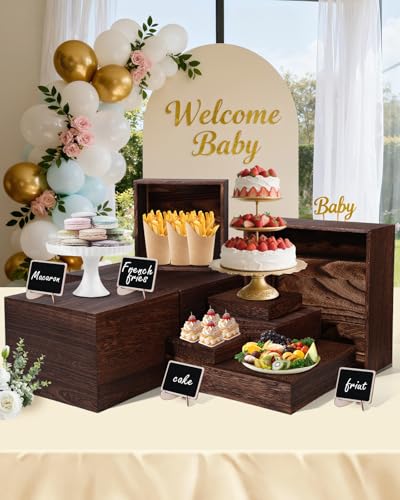 8Sizes Wooden Nested Buffet Risers with Mini Signs for Party Decor