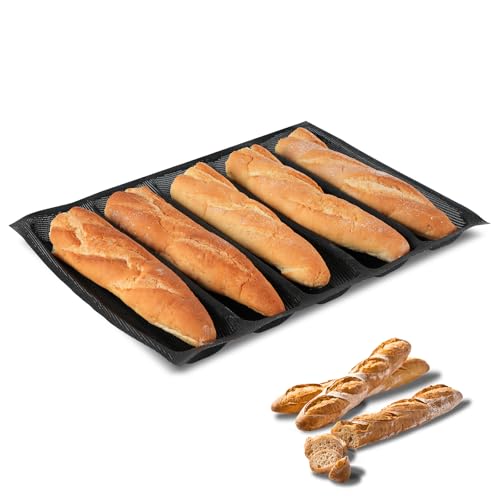 KitchenRaku KR Upgraded Silicone Perforated Baking Forms 13.4"x18.5", Sandwich Mold, French Baguette Bread Pan, Food Mat, 5 Loaf Non-Stick Baking Liners - size: 1 PCS, 5 Loaf_13.4x18.5 inch