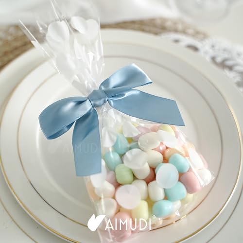 AIMUDI Dusty Blue Satin Ribbon Bows 3.5" Pre-Tied Twist Tie Bows for Treat Bags Gift Wrapping Cake Pop Goodie Bags Party Wedding Baby Shower Favor - 50 PCs - color: Blue Dusty