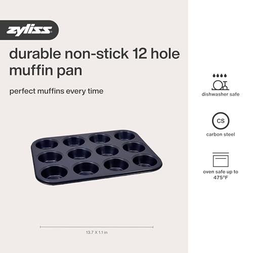 Zyliss E980200 Non-Stick 12 Hole Muffin Tin | Carbon Steel | Dark Blue | Baking Tins/Yorkshire Puddings/Mini Cake/Small Cakes | Dishwasher Safe | 5 Year Guarantee - style: 12 Hole Muffin Tin