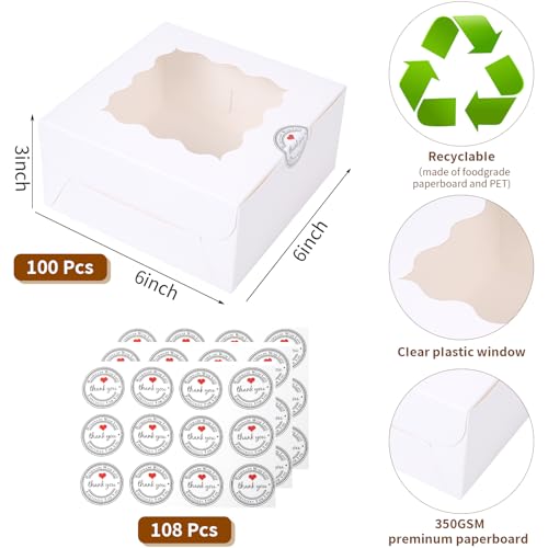 100 pcs 6x6x3 Inches Small Cake Box with Window, 6 inch Cookie Boxes Bakery Pastry, Mini Pie container for Pastry,Dessert,Strawberries,Chocolates, Cupcakes with paper stickers (White) - color: white/100pcs