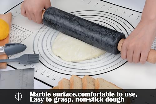 Marble Rolling Pin Set with Silicone Pastry Mat,Pastry Brush,Cooking Tongs,Stainless Steel Scraper18.5 inch Polished Non-Stick Roller for Pizza Dough,Fondant,Pie Crust(Gray Black) - color: Black Set