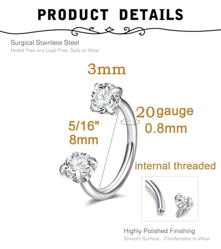MODRSA 20g 16g 18g Piercing Taper Internal Threaded Piercing Taper Insertion Threader Tool Threadless Jewelry Changing Tool Horseshoe Nose Ring Labret Earring Studs Applicator Piercing Ball Grabber - color: D1 - Horseshoe ear nose ring + tool -silver