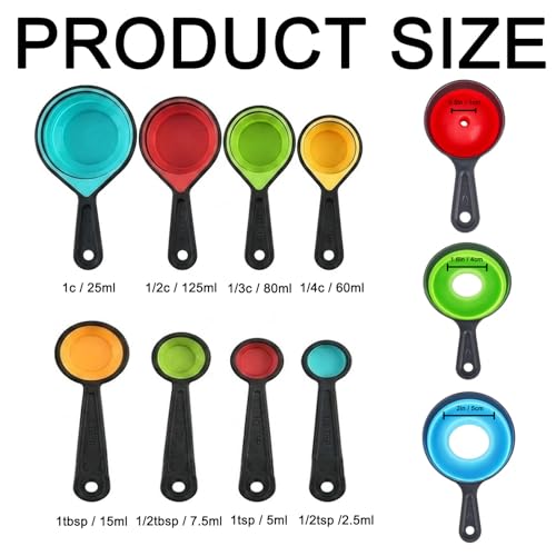 8pc Collapsible Measuring Cups and Spoons Set with 3pc Silicone Funnels for Kitchen Use Filling Bottles, Bottle Brush & Adjustable Tools for Camping