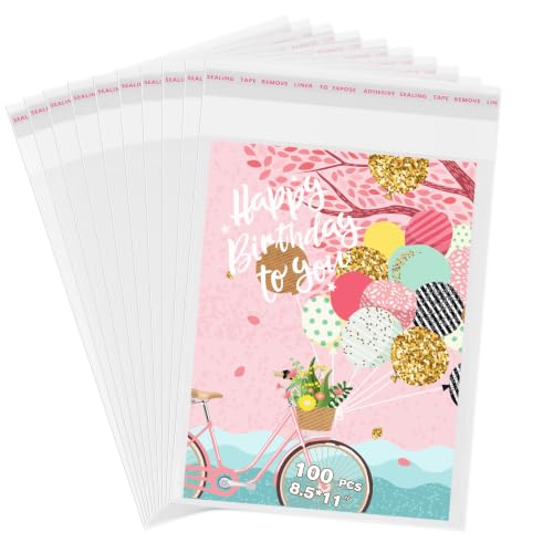 Yuiicaov 100 Pcs Clear Self Sealing Cellophane Bags, 8.5x11 Inches Cookie Bags Resealable Sleeves Bags for Photo Mats, Documents, Notebook, Paper or Gifts, 3 Mils Individual Self Adhesive Wrappers - size: 8.5x11 Inch (Pack of 100)