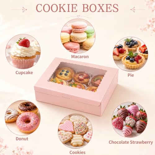 36pcs Auto-popUp Pink Cookie Boxes with Window,12x8x2.5 Inch Bakery Boxes|Sturdy Large Treat Box For Pies Chocolate Strawberries Donuts Pastry Dessert |350gsm Food-grade Thickness Cardboard - color: Pink/36pcs