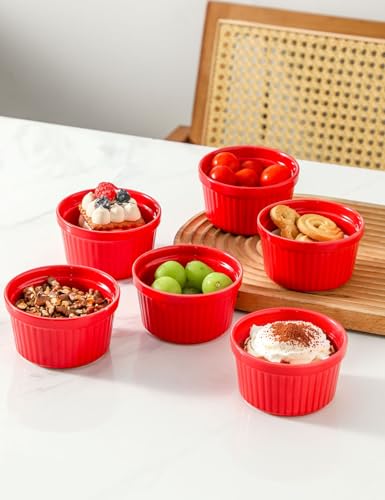 8 oz Ramekins Oven Safe Set of 6, Souffle Dish Baking Bowls, Custard Dessert Cups for Pudding Yogurt Ice Cream, Ceramic Ramiken Bowl, Red - color: Red