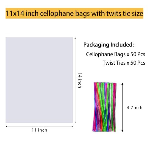 Nobranded 50 pcs Clear 11" x 14" Flat Cello Cellophane Bags Poly Treat Bags 2.8 mils for Gift Wrapping, Bakery, Cookie, Candies, Toast, Dessert, Party Favors Packaging with Color Twist Ties - size: 11x14 Inch (Pack of 50)