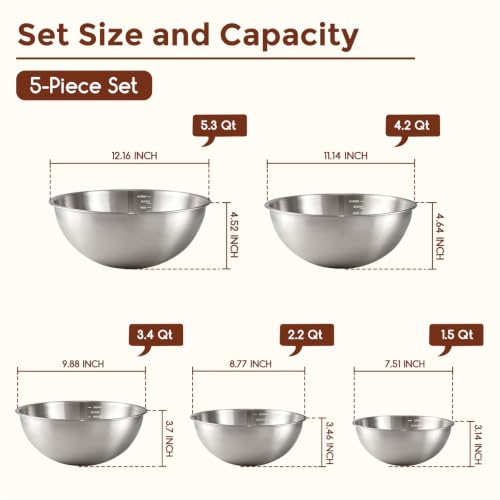 Gronivex Stainless Steel Mixing Bowls Set, 5-Piece (1.5-5.3 Qt) - size: 5 Pcs,1.5, 2.2, 3.4, 4.2 & 5.3qt