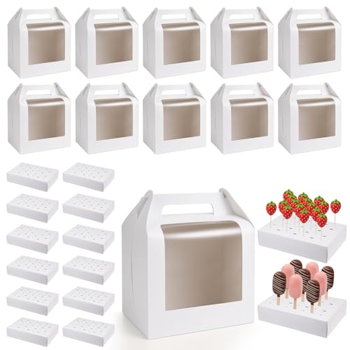 12Pcs Portable Cake Pop Holder Boxes, White Candy Boxes with Clear Window Cakes Pop Boxes Packaging Gift Cakes Pop Stand for Lollipops, Candy Pops, Wedding Birthday Baby Shower Party