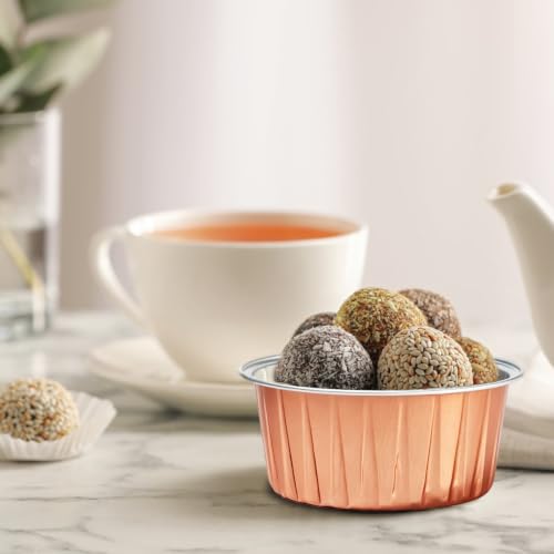 50Pcs Mini Aluminum Foil Cupcake,5oz Champagne Baking Cups with Lid - color: Champagne
