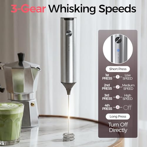 YARRAMATE Rechargeable Milk Frother, 3-Speed Electric Whisk, 2 Heads