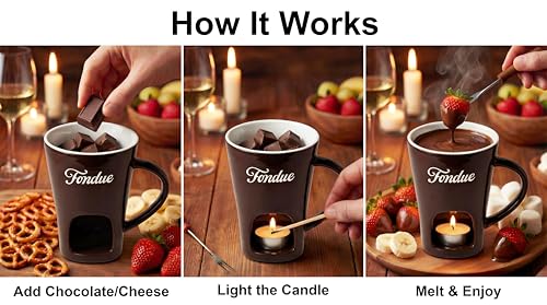 Brown Chocolate Fondue Mug with Tealight & Fork – Ceramic Single-Serve Fondue Cup for Chocolate & Cheese Dipping - color: Brown