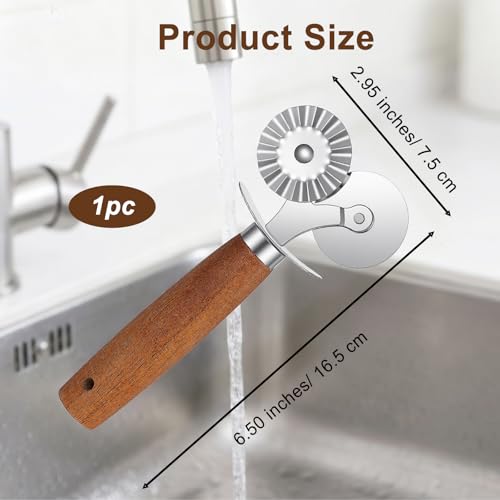 Pie Crimper, Double Headed Pastry Wheel Cutter, Dual-Head Baking Tool, Stainless Steel Ravioli Pasta Dough Cutter, 6.5" Crimper for Pie Crust Cookie Baking for Home and Kitchen Use, Wood Handle