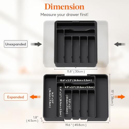 Lifewit Expandable Silverware Drawer Organizer, Kitchen Utensil Tray - color: Black, size: Large Deep（11.8-19.6'W x 15''D）