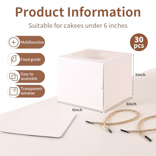 30 pcs 6x6x5 Inch Small Cake Box with Window, 6 inch cake box,Bakery Pastry Cookie Boxes,disposable cake containers, Mini Pie for Pastry,Dessert,Strawberries,Chocolates, Cupcakes