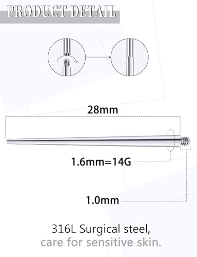 14G 16G Piercing Taper Insertion Pin for Internally Threaded Nose Septum Lip Belly Rings Labret Monroe Medusa Tragus Helix Cartilage Earrings Stud Piercing Jewelry Taper Insertion Tool 10Pcs - style: 14G Straight