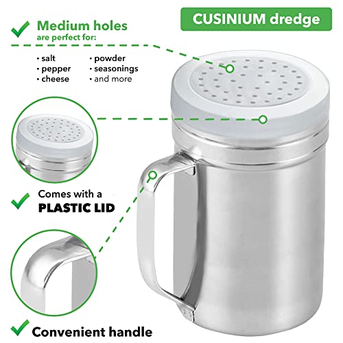CUSINIUM Large Metal Salt Pepper Cooking Dredge Shakers - With Handle - Seasonings Spice Shakers With Holes and Lids - 14 Ounce, 2pcs | Style: Medium - color: Silver, size: 14 Oz