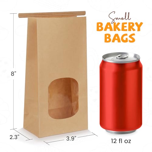 50 Pcs Bakery Bags with Window, Tin Tie Tab Cookie Bags, 3.9x2.3x8 Inches - color: Brown