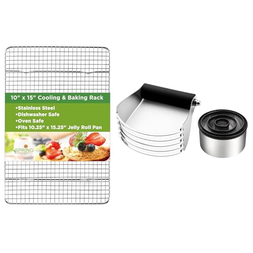 Spring Chef Stainless Steel Oven Safe 10"x15" Cooling Rack & Large Dough Blender & Biscuit Cutter Set, Black - 2 Product Bundle