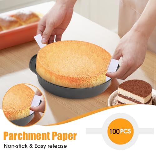 8" Round Cake Pan, 3PCS Nonstick Cake Pans with 100 PCS Parchment Paper, Carbon Steel Cake Baking Pans with Handle, Dishwasher Safe - size: 8 Inch - A