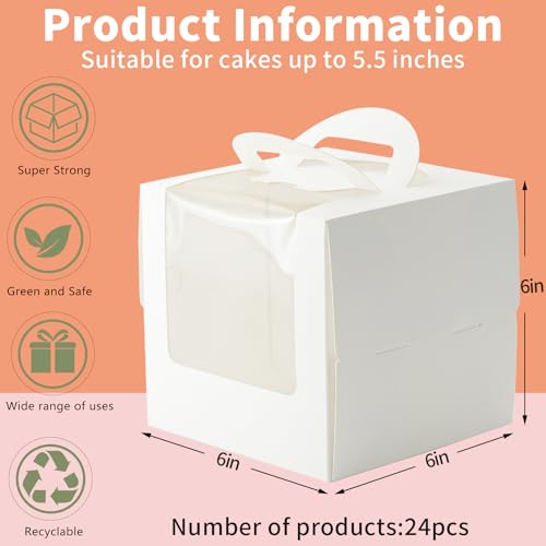 6x6x6 Cake Boxes with Handle & Boards, 24 Pack White for Cupcakes