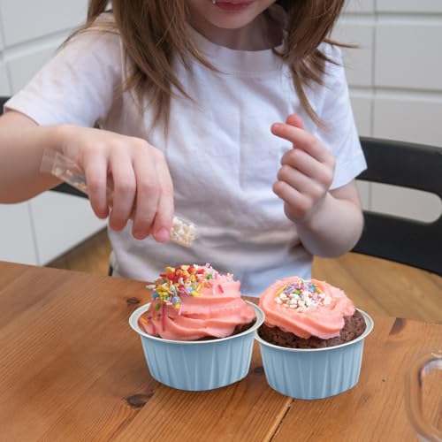100Pcs Aluminum Cups with Lids,5oz Disposable Ramekin Baking Cups Muffin Liners Mini Pie Pans Foil Cupcake Containers for Christmas Party Wedding Party,Sky Blue - color: Sky Blue