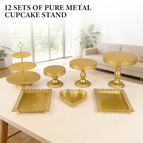 12 Set of Gold Cake Stand, Metal Gold Cupcake Stand and Bases para Postres de Mesa, Elegant Gold Dessert Stands for Party and Wedding, Easy to Clean Desert Table Display Set