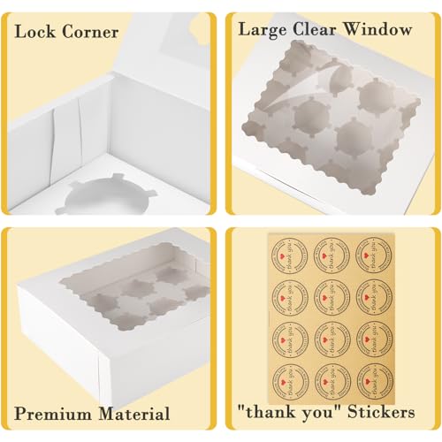 12-Count White Cupcake Boxes with Window and Insert, 13x10x3.5 Inch, Set of 10, Suitable for Cupcakes, Muffins, and Cookies
