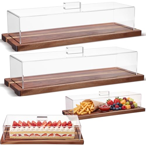 Mifoci 2 Pack Acacia Wood Cake Stand Serving Tray with Acrylic Lid, 15 x 6 x 4 Inches Charcuterie Table Display Set, Dessert Serving Tray Set for Bakery, Buffet, Home Party & Restaurant - color: Acacia Wood, size: 15 x 6 x 4 Inches