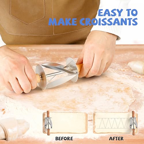 Stainless Steel Croissant Cutter, Irregular Roller Cutter with Wooden Handle, Useful Kitchen Baking Tool