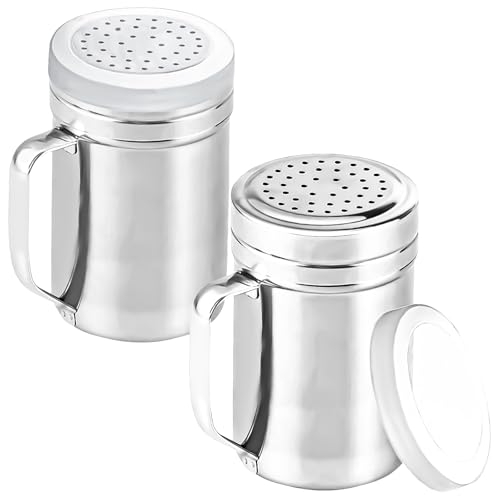 2Pcs Metal Salt Pepper Dredge Shakers, Stainless Steel Pepper Shaker Seasoning Jar With Handle, With Hole And Cover, Suitable For Pepper, Cinnamon And Coffee Spice Jars (Large-14OZ) - size: Large-14OZ