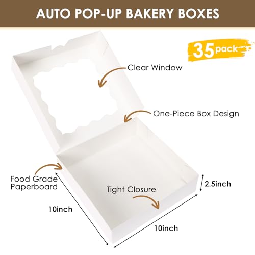 Moretoes 35pcs 10x10x2.5in Auto-Popup Pie Boxes, Cookie Boxes with Window