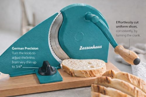 Zassenhaus Original Classic Adjustable Bread Slicer for Uniform Slices - Bread Slicer for Homemade Bread - 18/8 Stainless Steel Blade Sourdough Cutter-Water Blue 11.75" x 8" - color: Water Blue, size: 11.75" x 8" x 4.7"