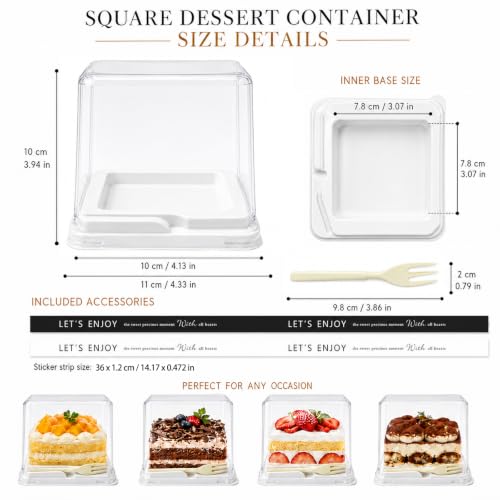 100 Pieces Cake Slice Plastic Containers with Disposable plastic fork and Stickers,4.3 Inches Hinged Lid Cheese cake Container,Cupcake containers,individual cupcake containers, Bakery and Cafe