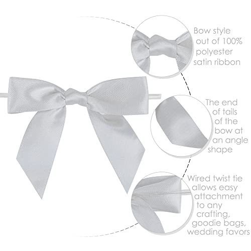 AIMUDI Silver Satin Ribbon Twist Tie Bows 3.5" Pretied Bows Premade Craft Bows for Treat Bags Cake Pop Gift Wrapping Basket Wedding Favors Cookie Candy Bagging Baby Shower - 50 Counts - color: Silver