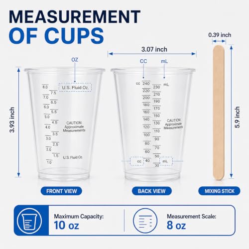 Taeku Plastic Measuring Cups with Mixing Sticks, 8 oz Clear Cup, 100 Pack