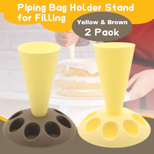 2 Pack Piping Bag Holder – Piping Bag Holder Stand for Filling, Icing Bag Holder, Pastry Bag Holder Stand with 8 Nozzle Slots, Includes 100 Pcs 13 in Piping Bags, 6 Icing Nozzles & 5 Couplers - color: Yellow and Brown