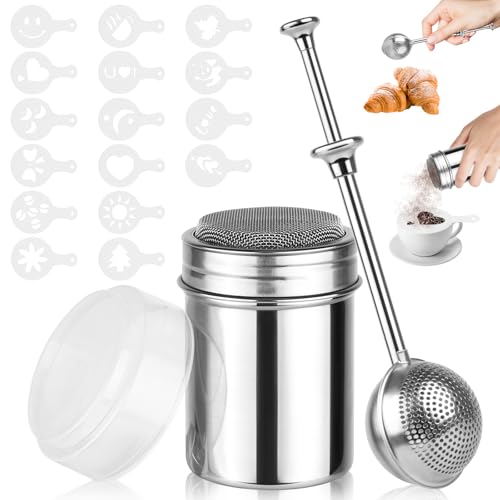 2 Pack Powdered Sugar Shaker Duster, Stainless Steel Cinnamon Sugar Shaker & Flour Duster Set, Spring Flour Sifter with 16Pcs Coffee Stencils for Baking, Coffee