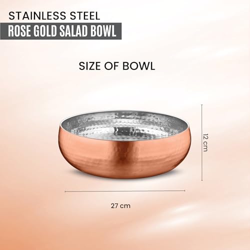 Avador® Set of 3 Premium Stainless Steel Salad Mixing Bowl Hammered Finish | Handmade | Includes Salad Serving Utensils (Rose Gold) - color: Rose Gold