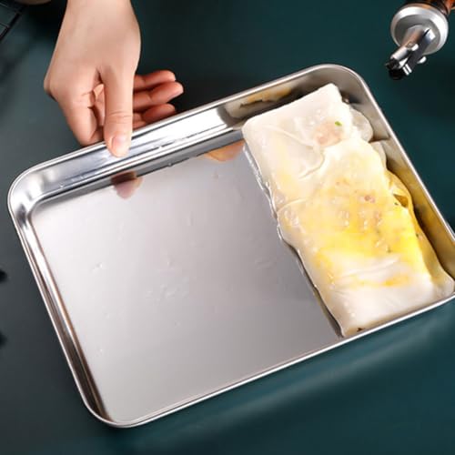 BESTOYARD Stainless Steel Rice Roll Tray Rectangular Steamer Pan 10.43 X 8.07 X 0.47 in Flat-Bottom Baking Sheet with Gripper and Scraper for Homemade Rice Noodles Serving and Kitchen Use