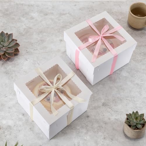 10 inch Tall Cardboard Cake Boxes with Lid, Ribbon, 12 Pcs