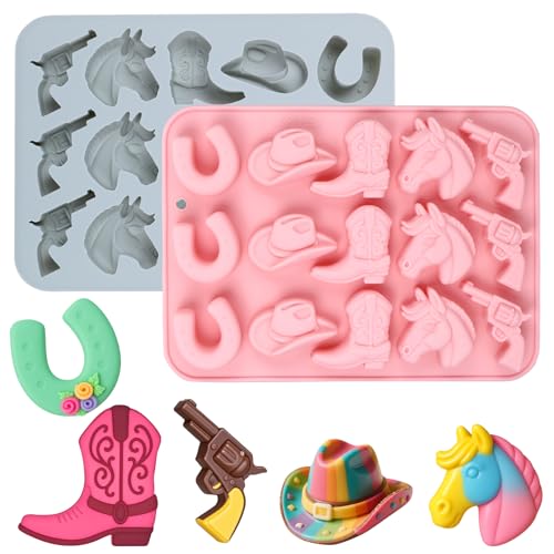Palksky Cowboy Chocolate Molds, 2Pack Western Theme Silicone Mold Baking with Cowboy Horse Boots Hat Saddle Shapes, Candy Molds for Chocolate Gummy Cookies Fondant Candy Party Decor - color: 2Pcs Cowboy Chocolate Molds