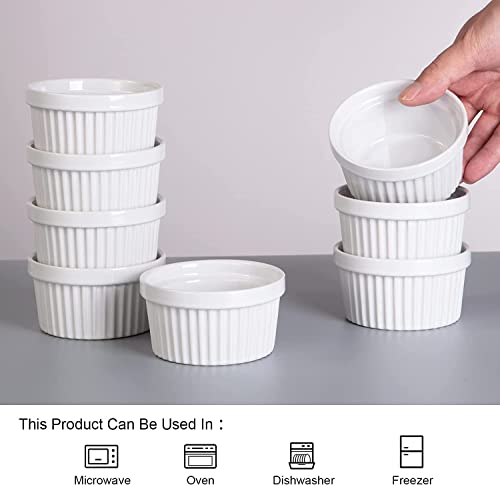 8 Oz Ramekins Set of 8, Ceramic Ramiken Oven Safe, Stackable Souffle Cups, Creme Brulee Ramekins for Baking, Dessert, Ice Cream, Snack, Souffle Dishes (White)