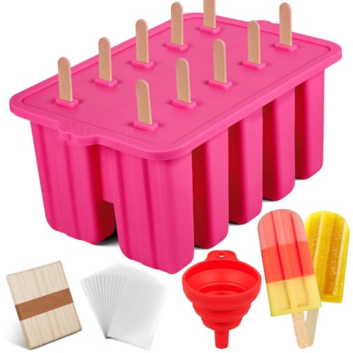 Homemade Popsicles Molds, Food Grade Popsicle Molds for Kids, 10 Cavity Non-BPA Silicone Ice Pop Maker, Reusable Silicone Popsicle Molds with 50 Stick, 50 Bags, Funnel (Pink) - color: #Pink