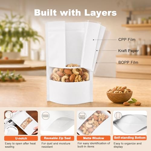 FireKylin 100 Pcs Resealable Bags, Matte Window, Paper, White,4.7 x 7.9 in - color: White, size: 4.7"x 7.9"