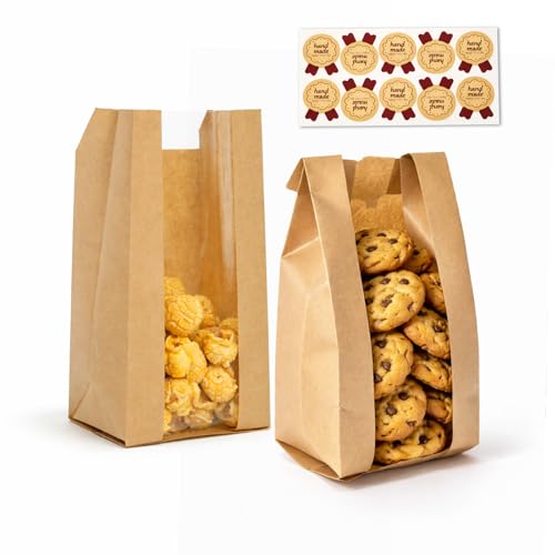 WIKDAY Cookie Bags with Window 50PCS Small Paper Treat Bread Bakery Bags - size: Small Size (3.5" x 2.3" x 7.5") with Stickers A