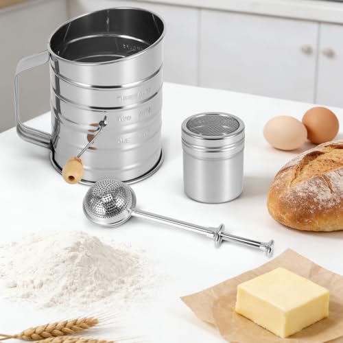 Large Rotary Flour Sifter Set, Stainless Baking with Hand Crank