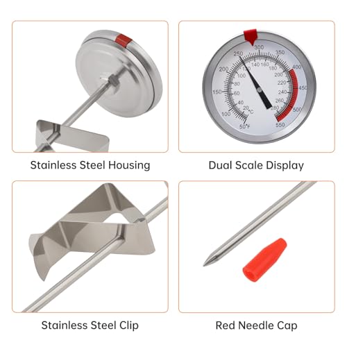 Candy/Deep Fry Thermometer with Pot Clip - 12" Stainless Steel Stem Meat Cooking Thermometer for Frying and Candle Making, Turkey, BBQ, Grill, Instant Read, Analog Display - size: 12 inch